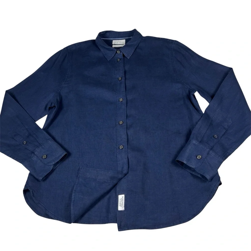 J. Crew Baird McNutt Irish Linen Navy Blue Button Down Blouse Size 14 Slim EUC - Picture 4 of 9
